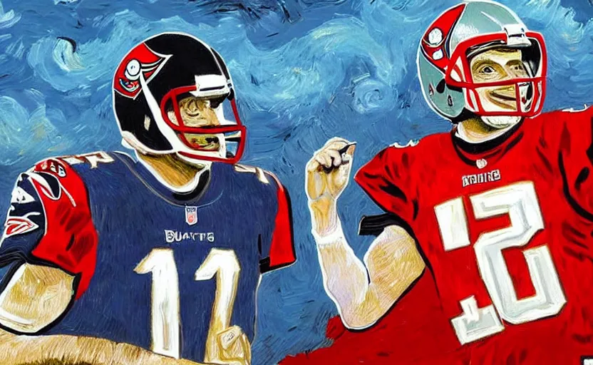 Prompt: ''A painting of Tom Brady as a Buccaneers football player in the style of Van Gogh''