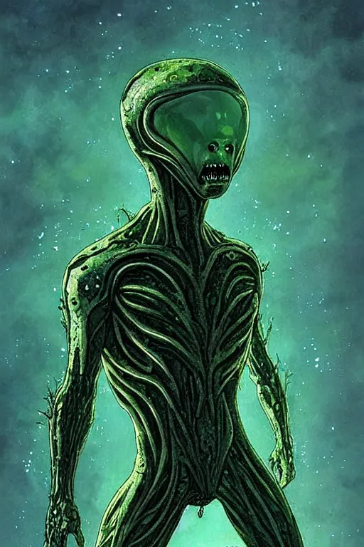 Image similar to Alien, with transparent skin, visible internal, looks like sea creatures, luminous body, floating in the void like the watcher marvel comics or dc comics guardians mixed with swamp thing. Artstyle like alexander mcqueen, anthony chong jones, yoji Shinkawa, Marc Simonetti, Mike Mignola, jae lee, Marc Silvestri, Todd mcfarlane+ full body image with head, Symmetry, dark illustration, cinematic unreal engine, hypermaximalist, symmetrical, detailed, intricate ink illustration, 8k, HD