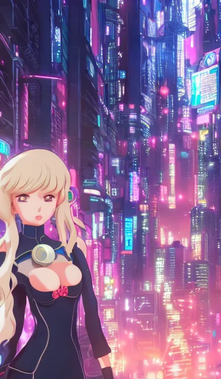 Image similar to anime fine details portrait of Lady Ann in front of cyberpunk moder city landscape on the background deep bokeh, close-up view, anime masterpiece by Studio Ghibli. 8k, sharp high quality anime, artstation