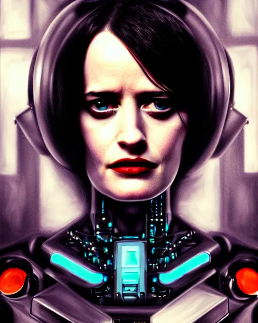 Prompt: eva green, robot, character portrait, portrait, close up, concept art, intricate details, highly detailed, sci - fi poster, cyberpunk