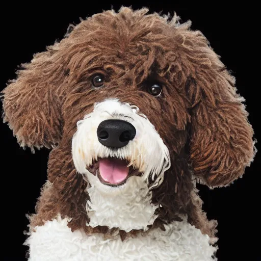 Image similar to a closeup photorealistic photograph of a cute smiling knitted bernedoodle judge dog dressed in a black gown, presiding over the courthouse. indoor image, professional capture, well lit shot. this 4 k hd image is trending on artstation, featured on behance, well - rendered, extra crisp, features intricate detail, epic composition and the style of unreal engine.