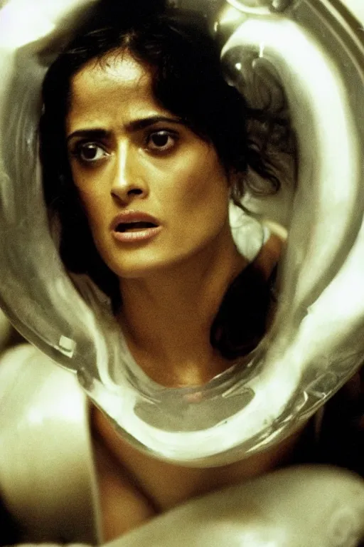 Image similar to film still of salma hayek in the movie Alien, captured in a creamy alien substance, scary, cinematic shot, 4k.