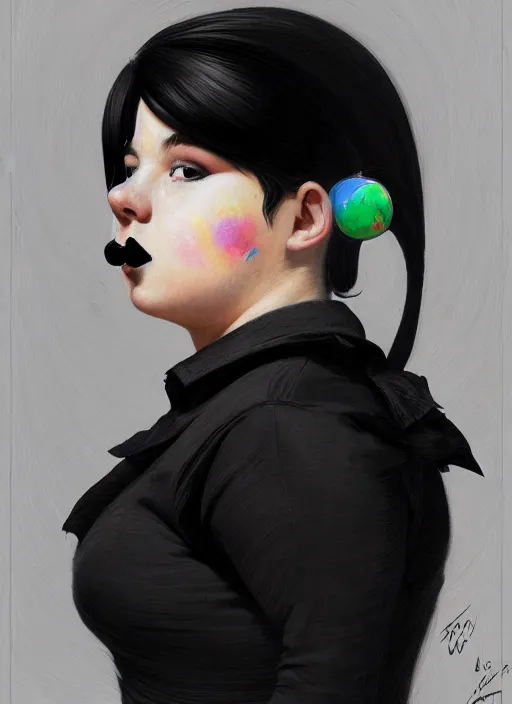 Image similar to portrait of a plump teenager with a crooked nose and a confident expression, 1 9 6 0 s, black clothes, goth, punk, brightly coloured hair, funk, intricate, elegant, highly detailed, digital painting, artstation, concept art, smooth, sharp focus, illustration, art by wlop, mars ravelo and greg rutkowski