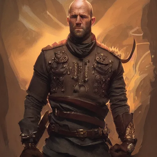 Image similar to photography of jason statham, deep focus, d & d, fantasy, intricate, elegant, highly detailed, digital painting, artstation, concept art, matte, sharp focus, illustration, hearthstone, art by artgerm and greg rutkowski and alphonse mucha