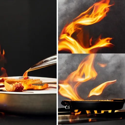 Prompt: a still frame from the Modernist cuisine cookbook featuring a cross-section of cooking over fire, black background.