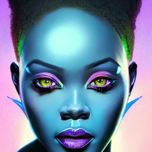 Image similar to african neon demon, science fiction, highly detailed, digital painting, beautiful eyes, symmetry, concept art, sharp focus, volumetric lighting, illustration, global illumination, radiant light, synthwave colors, detailed and intricate environment, art by artgerm and greg rutkowski and magali villeneuve and ilya kuvshinov!