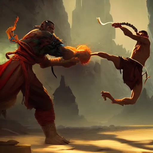 Image similar to monk fighting an orc, martial arts, 8k, sharp high quality artwork in style of Jose Daniel Cabrera Pena and Greg Rutkowski, concept art by Tooth Wu, blizzard warcraft artwork