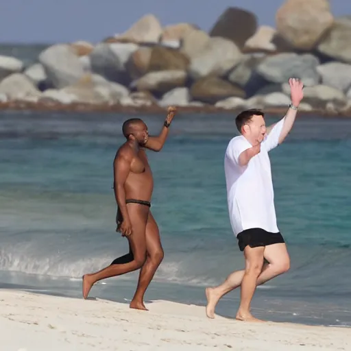 Image similar to elon musk and kanye west happy smiling laughing walking around the beach in aruba