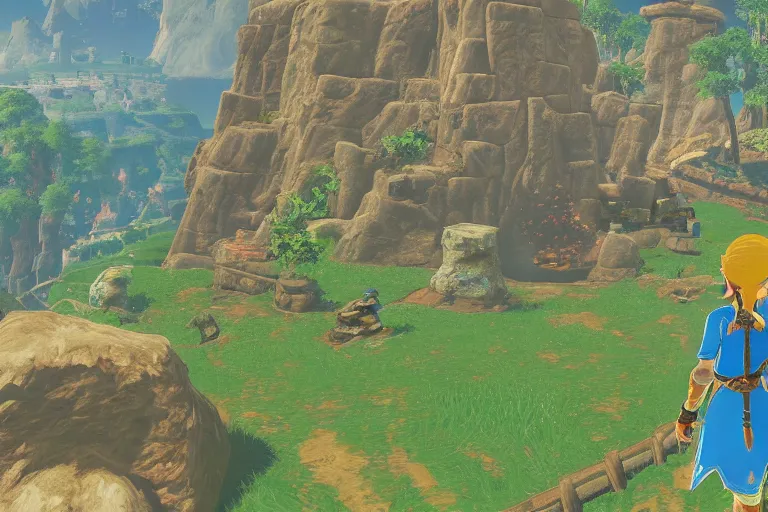 Image similar to detailed scenery from the legend of zelda breath of the wild, breath of the wild art style, 4 k.