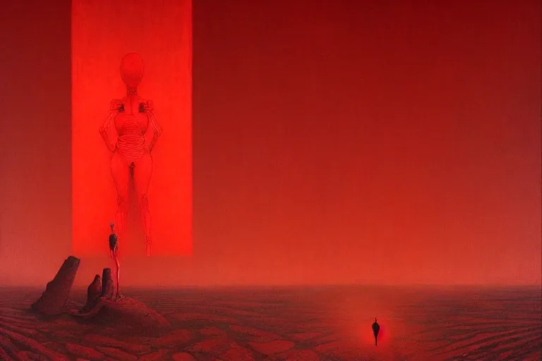 Image similar to only with red, red god of death eat apple, a futuristic city on mars in the background, an ancient path, in the style of beksinski, part by hopper, part by rodcenko, part by hofbauer, intricate composition, red by caravaggio, insanely quality, highly detailed, masterpiece, red light, artstation, 8 k