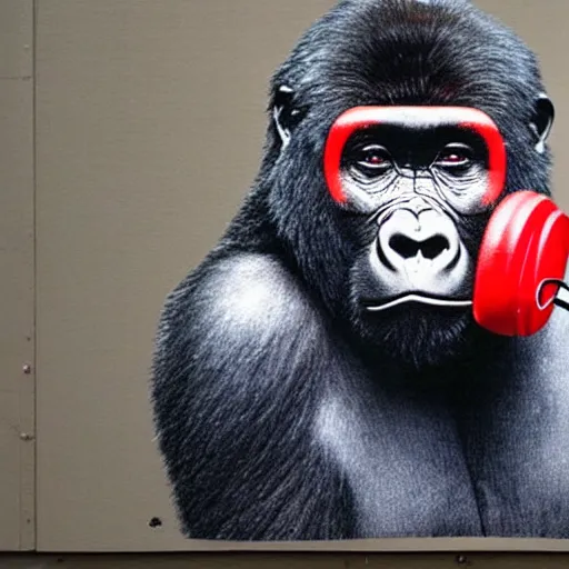 Image similar to gorilla wearing red headphones by banksy