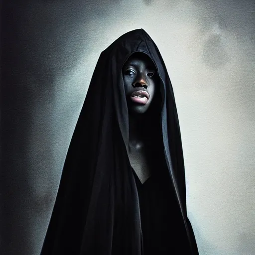 Image similar to a portrait of a young black woman wearing a long dark cloak, hood and shadows covering face, anatomically correct, beautiful perfect face, enigmatic, oil painting, matte painting, black background, Volumetric dynamic lighting, Highly Detailed, Cinematic Lighting, Unreal Engine, 8k, HD, by Beksinski