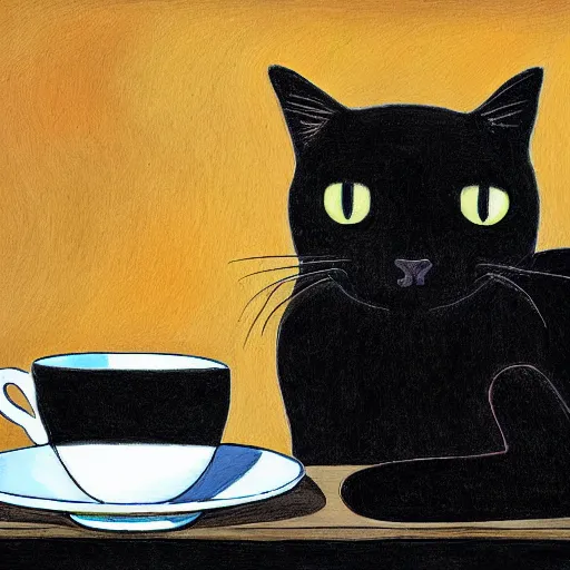 Prompt: a black cat drinking tea by tim jacobus