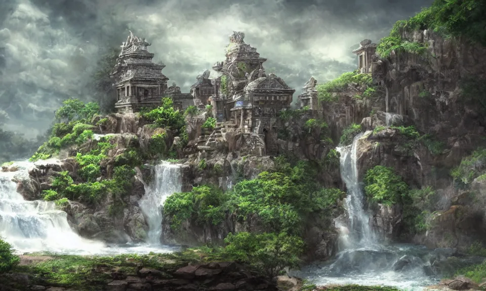 Prompt: ancient temple on top of a waterfall, digital art, concept art, fantasy art, highly detailed, hd wallpaper, hdr, artstation, deviantart, behance