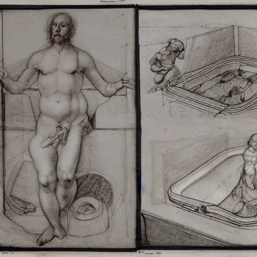 Prompt: leonardo da vinci's sketches for his new invention, the hot tub