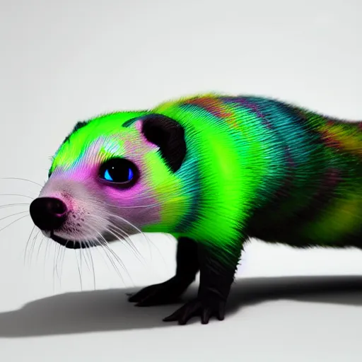 Image similar to neon fluorescent, iridescent cute ferrets cyperpunk 2 0 7 7, unreal engine 5, 8 k ultra realistic, hyperdetailed, volumetric lighting, extremely high quality