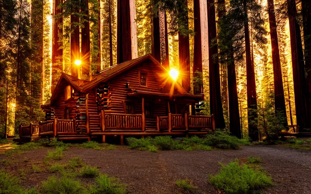 Image similar to enchanted magical quiet log cabin in the california redwoods forest at goldenhour sunset, 8 k photoengine realrender, cinematic scenery