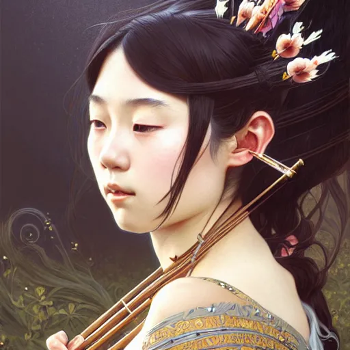 Prompt: Portrait of a japanese girl playing a cross flute, face, fantasy, intricate, elegant, highly detailed, digital painting, artstation, concept art, smooth, sharp focus, illustration, art by Fernanda Suarez and Artem Demura and alphonse mucha