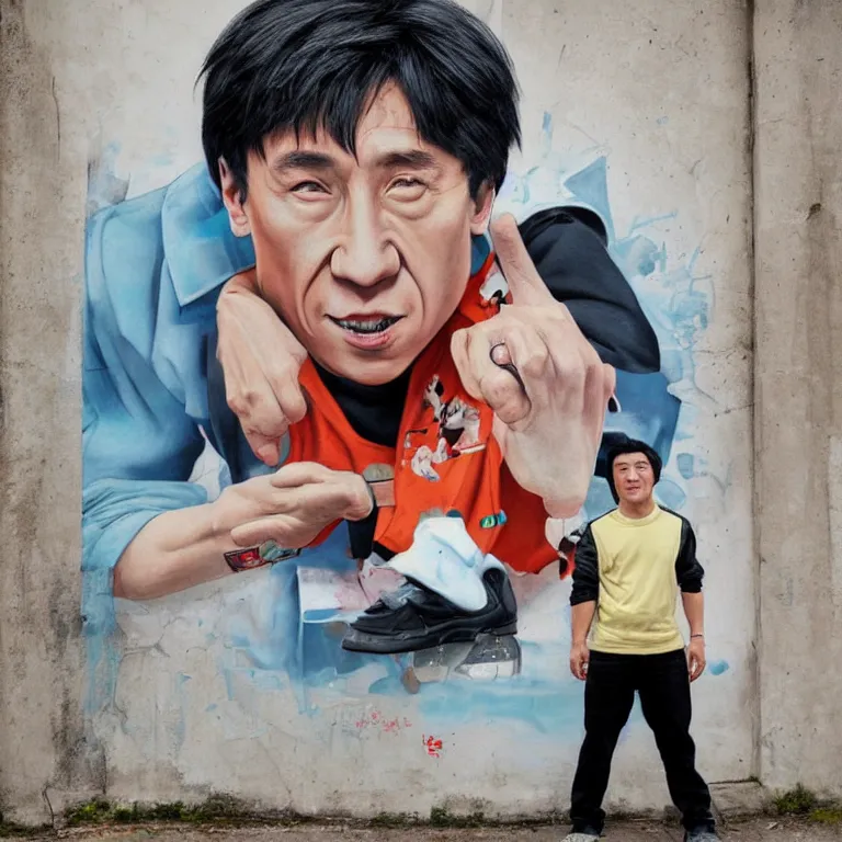 Prompt: Street-art full-body portrait of young Jackie Chan in style of Etam Cru, photorealism