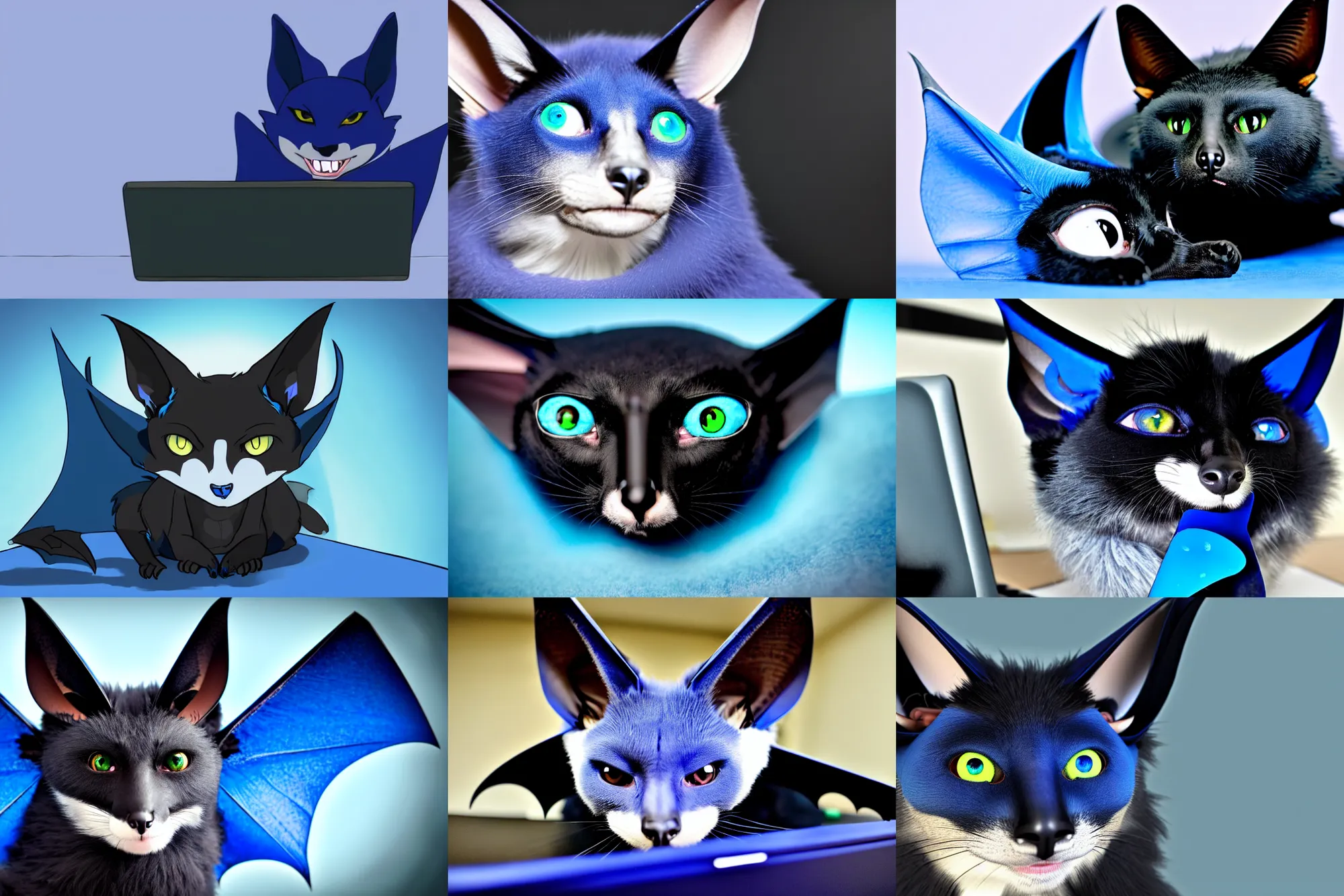 Prompt: a blue - and - black male catbat fursona with blue / green heterochromatic eyes and huge bat ears, photo of the catbat on his computer