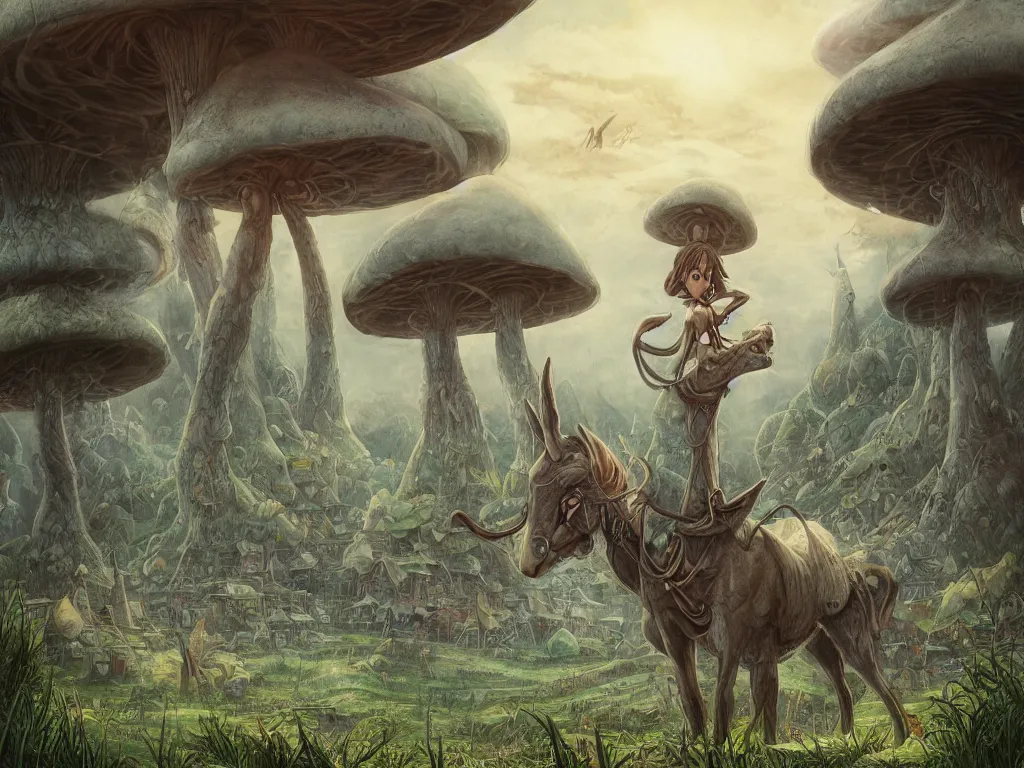 Prompt: A centered chest up portrait of an anthropomorphic mule, magic mushroom village in background, award winning. superb resolution. in the art style of junji Ito and greg rutkowski . Mule, Mule. Detailed Mushroom city in background. Hyper realistic anime. Perfect art. Dalle2