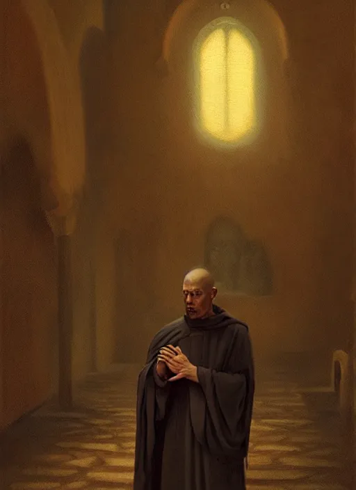 Image similar to oil painting portrait of a weeping sobbing tonsured dominican monk in a brown habit, kneeling in a dark empty chapel, hazy, digital art, artstation, cinematic, moonlight, digital art painting by greg rutkowski, cozy atmosphere, cinematic lighting