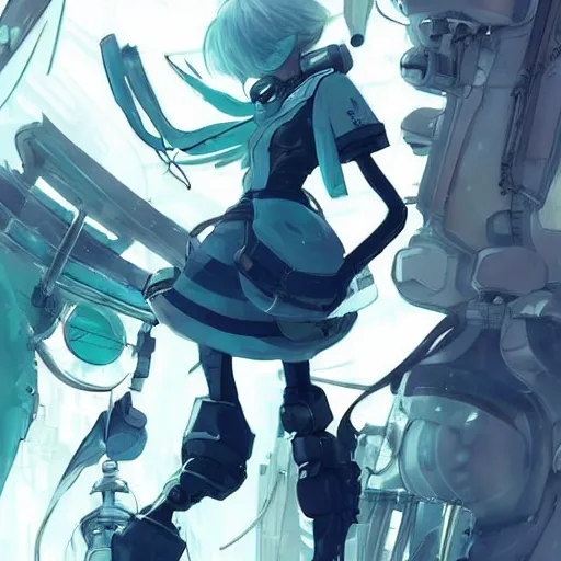 Image similar to white and teal colors. highly detailed post-cyberpunk sci-fi hangar in style of cytus and deemo, mysterious vibes, by Akihiko Yoshida, by Greg Tocchini, nier:automata, set in half-life 2, beautiful with eerie vibes, very inspirational, very stylish, surrealistic, perfect digital art, mystical journey in strange world, bastion game