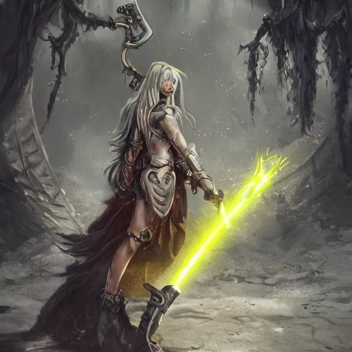 Image similar to Woman with yellow eyes wielding an axe inside a decaying ancient fantasy temple. She wears a rusty silver armor, trending on artstation, dark fantasy, concept art