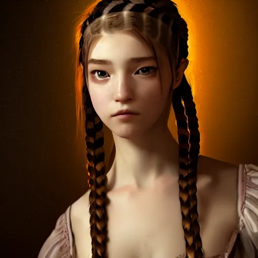 Prompt: renaissance painting of a very beautiful 2d anime girl, hot petite, long braided hair, hazel eyes, full round face, short smile, cinematic lightning, medium shot, mid-shot, highly detailed, trending on Artstation, Unreal Engine 4k, cinematic wallpaper