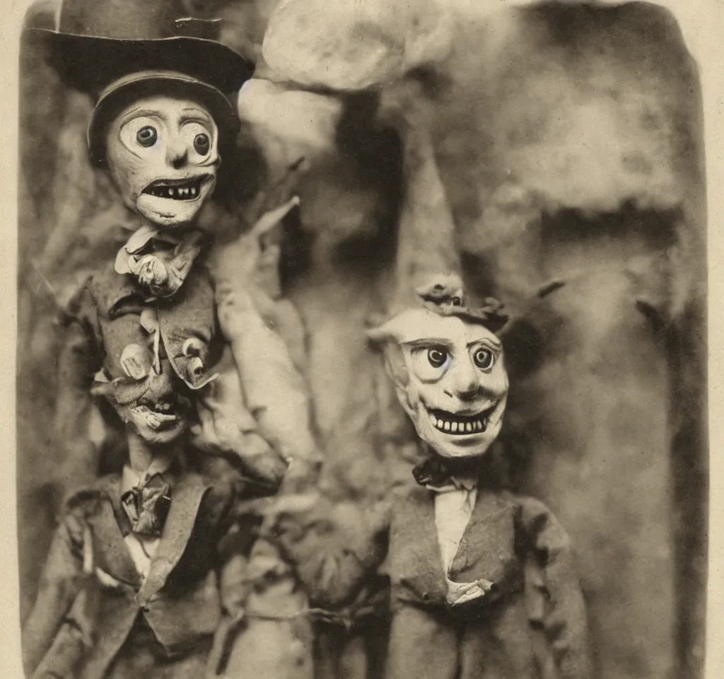 Prompt: a ventriloquist figure wearing a funny hat, ventriloquist dummy head, smiling, photograph, style of atget, nightmare, concept art, creepy, antique