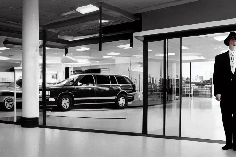 Image similar to cinematic still of portly clean-shaven white man wearing suit and necktie and boater hat at car dealership in 1994 film, XF IQ4, f/1.4, ISO 200, 1/160s, 8K, RAW, dramatic lighting, symmetrical balance, in-frame