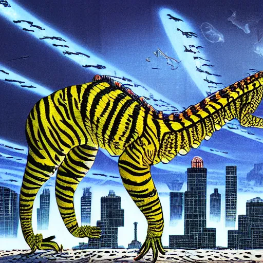 Image similar to a hybrid animal half crocodile and half tiger, futuristic city scape, rule of thirds, painting by moebius