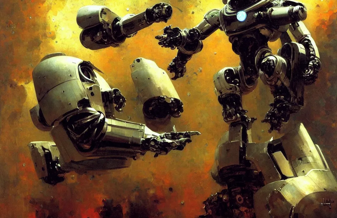 Image similar to portrait of futuristic space robot!!!!!!!!!!!!!!!!!!!!!!!!!!!, detailed face, detailed painting, epic lighting, by ilya repin, phil hale and kent williams