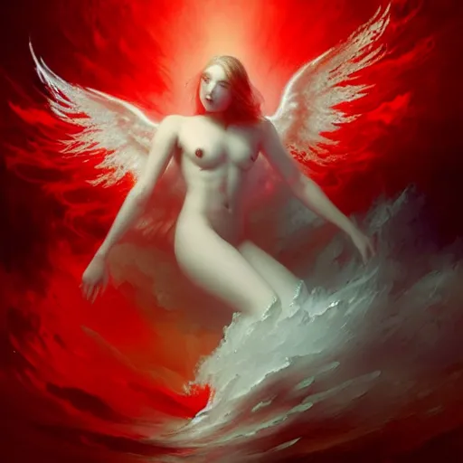 Prompt: a fallen angel in red fluid simulation, painting by ross tran and ivan aivazovsky