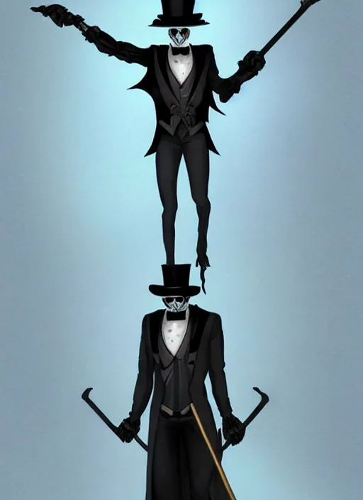 Image similar to DND character concept, skeletal male figure, wearing a deep black suit!!! and tie and top hat, holding a gold! cane!. Surrounded by light blue!!! flames!!