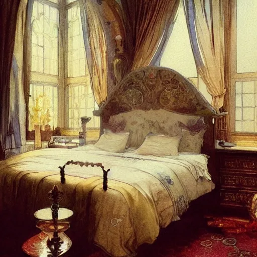 Image similar to a beautifull intricate watercolour painting of a bed room, reflexions, verry high details by william turner art, greg rutkowski and alphonse mucha, trending on artstation, very very detailed, masterpiece, muted colors