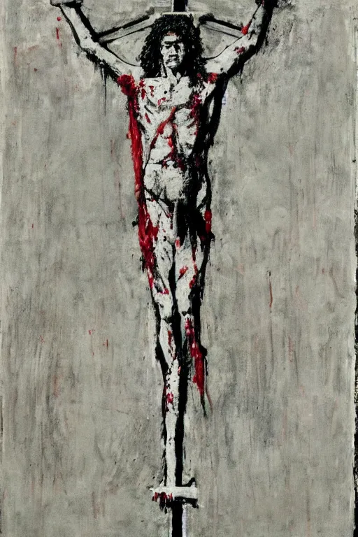 Image similar to bloody christ crucified and some bright ufo in the sky painted by cy twombly and andy warhol