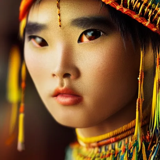 Image similar to vintage portrait of a stunningly beautiful asian tribal female, depth of field, zeiss lens, detailed, symmetrical, centered, fashion photoshoot, by edward s curtis, Annie Leibovitz and Steve McCurry, David Lazar, Jimmy Nelsson, Breathtaking, 8k resolution, extremely detailed, beautiful, establishing shot, artistic, hyperrealistic, beautiful face, octane render