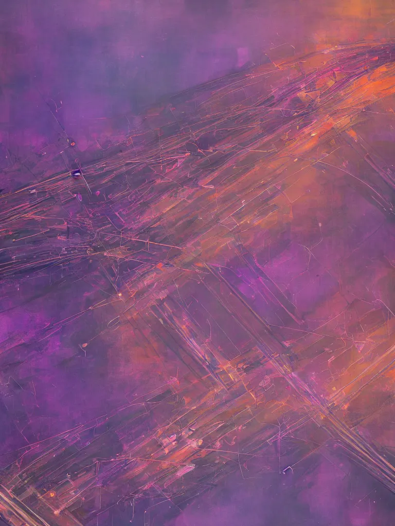 Image similar to a beautiful abstract painting by peter vahlefeld of a drone view of a highway intersection, color bleeding, pixel sorting, copper oxide material, brushstrokes by jeremy mann, zenith lighting, pastel purple background, square shapes