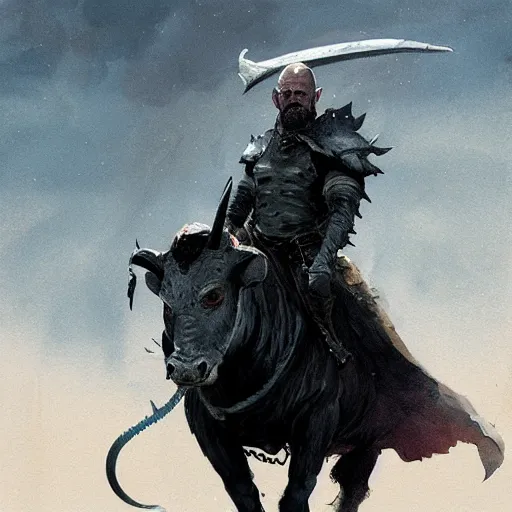 Image similar to Walter white as a dark fantasy warrior riding a bull, made by Greg Rutkowski