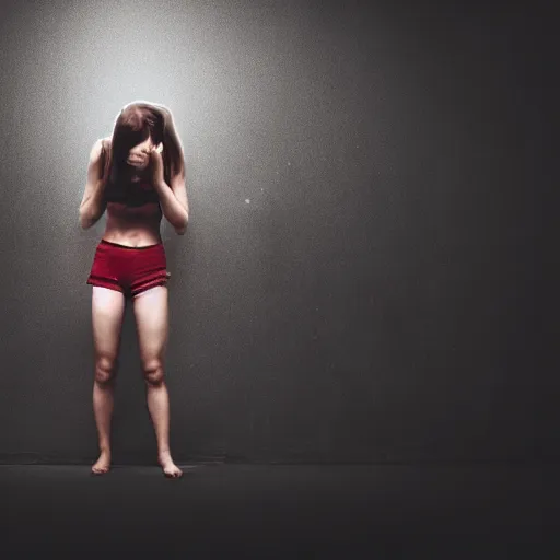 Image similar to boxer girl fighting her shadow in a creepy room, dark ominous