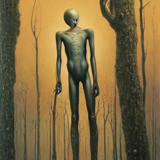 Prompt: slenderman, high detail, masterpiece, oil on canvas, art by beksinski