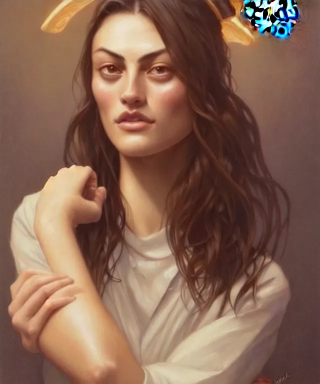 Image similar to Phoebe Tonkin as a very happy starbucks barista, portrait, intricate, elegant, highly detailed, digital painting, artstation, concept art, smooth, sharp focus, illustration, art by artgerm and greg rutkowski and alphonse mucha