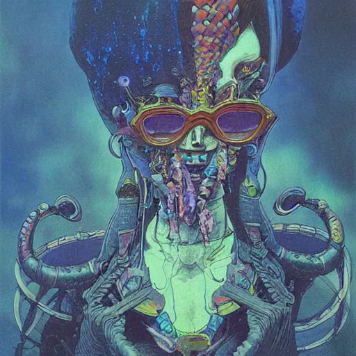 Prompt: original jean giraud art painting, pastel goth aesthetic, creepy kawaii, psychedelic, matte painting, amano yoshitaka