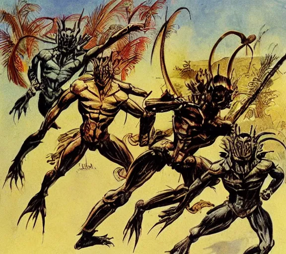 Image similar to four adventurers are chased by a group of mantis men, pen and ink, by frank Frazetta