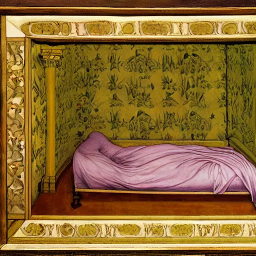 Prompt: a painting of a victorian bedroom with yellow reptiles sleeping on the bed, by Edward Burne-Jones