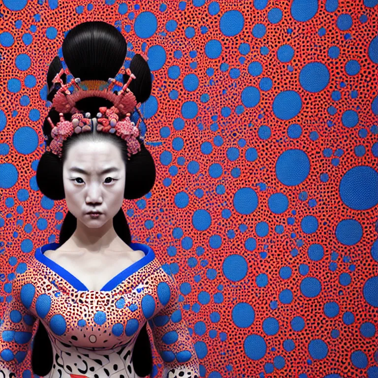 Image similar to hyperrealistic detailed image of a geisha in a art installation room, hd smooth interior by yayoi kusama, part by kei mieno, part by ross tran, dark art by james jean, ultra realistic, highly detailed, life like face, detailed body, 8 k, 3 d render by roger magrini, very cohesive, masterpiece