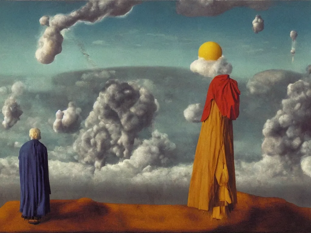 Image similar to albino mystic, with his back turned, looking at a atomic explosion over a city in the distance. Painting by Jan van Eyck, Audubon, Rene Magritte, Agnes Pelton, Max Ernst, Walton Ford