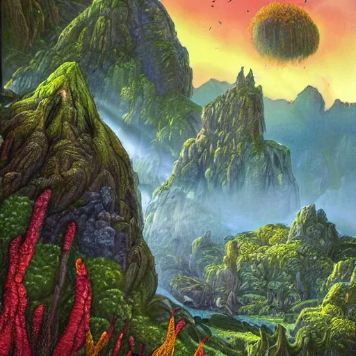 Image similar to fantasy illustration of a lush natural scene on an alien planet by brian millar. detailed. beautiful landscape. colourful weird vegetation. cliffs and water.