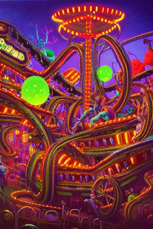 Image similar to a hyperrealistic detailed painting of an ornate carnival with glowing lights, colorful, chimeric mutant horror creatures riding a rollercoaster. scary funhouse, cinematic lighting, depth perspective, depth of field, cinematic angle, by chris cunningham and richard corben, highly detailed, vivid color,